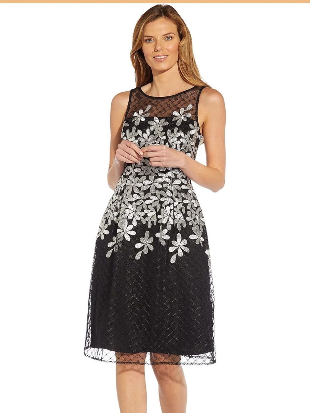 Adrianna Papell Floral Embroidered Midi Dress Black & Silver Size 8